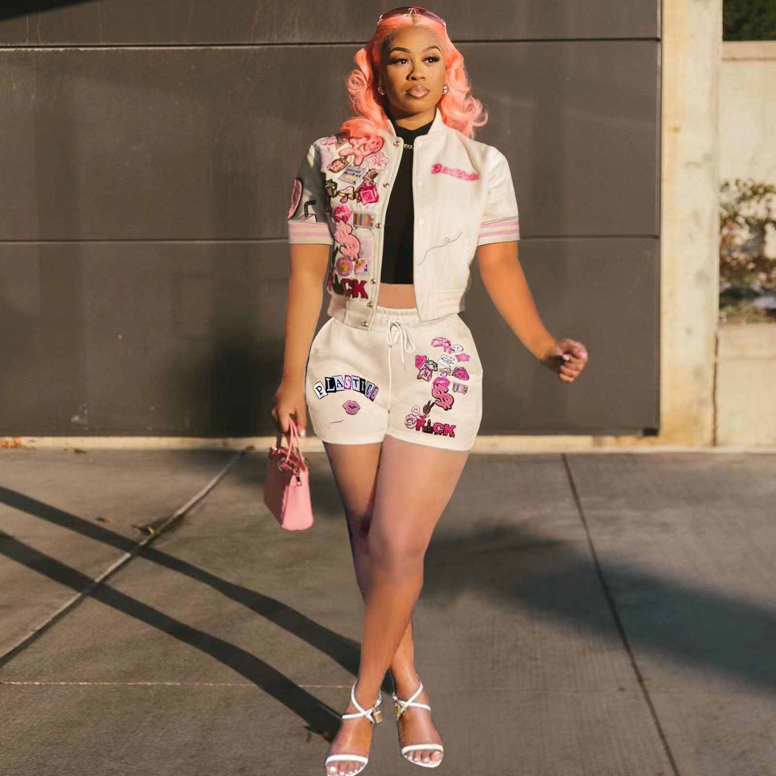 2023 New Summer Women Clothes Set Baseball Jacket Burn Book Short